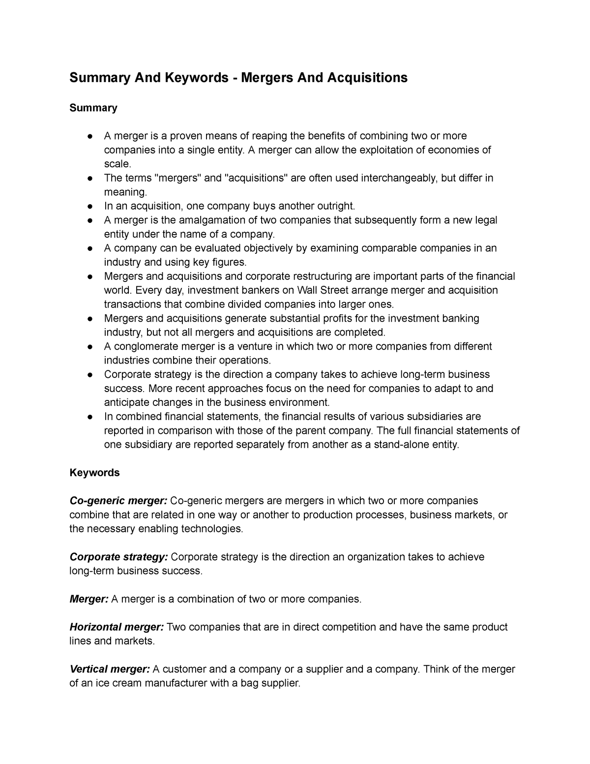 Summary And Keywords - Mergers And Acquisitions - Summary And Keywords ...