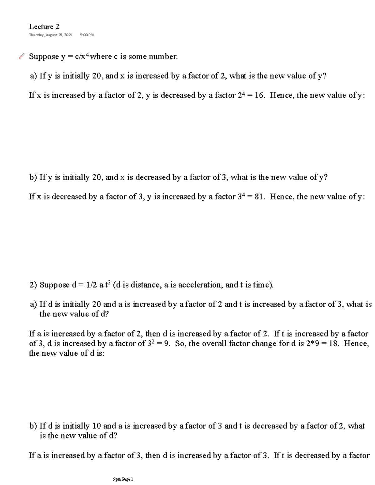 5 2a Practice Suppose Y Cx 4 Where C Is Some Number A If Y Is Initially 20 And X Is 