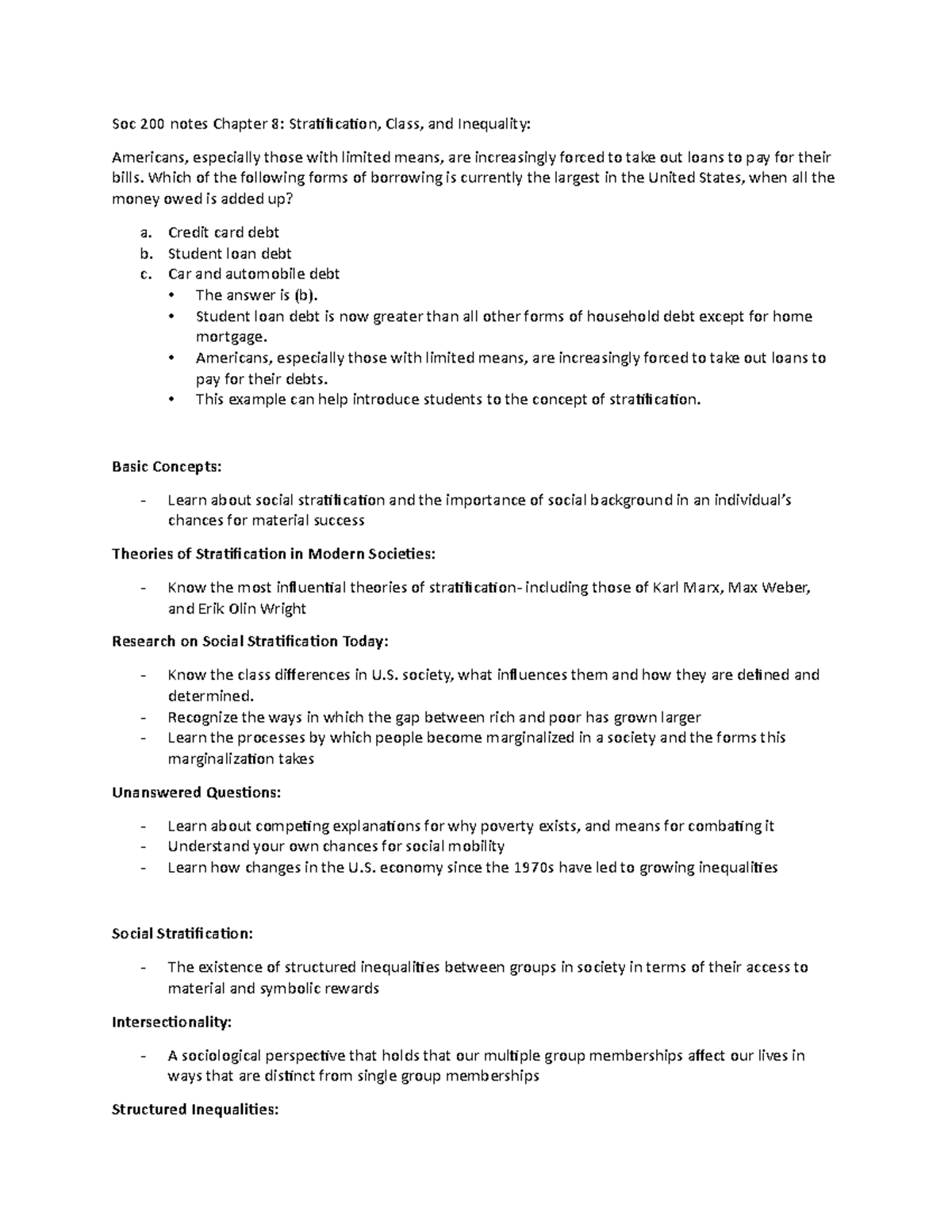 Soc 200 notes Chapter 8 Stratification, Class and Inequality - Soc 200 ...