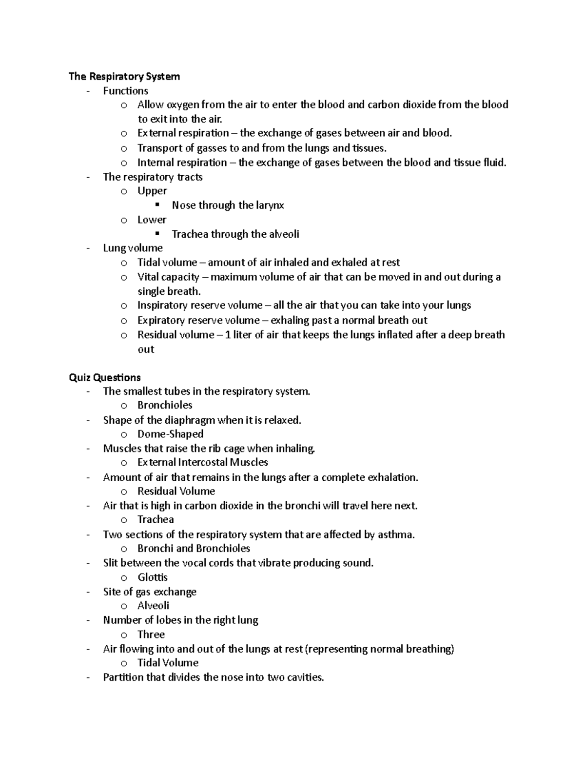 Module 6 Notes - Dr. Bowling - The Respiratory System Functions o Allow ...