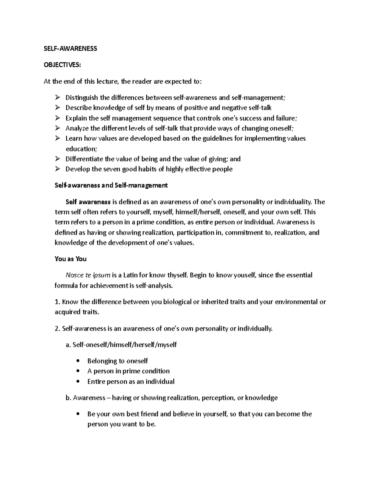 SELF- Awareness - Lecture notes 1 - SELF-AWARENESS OBJECTIVES: At the ...