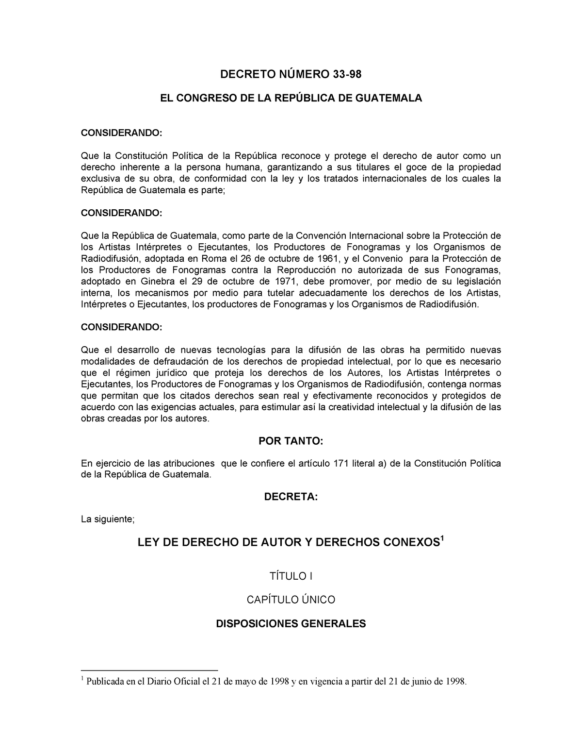 Derecho De Autor - Apuntes - DECRETO N⁄MERO 33- EL CONGRESO DE LA REP ...