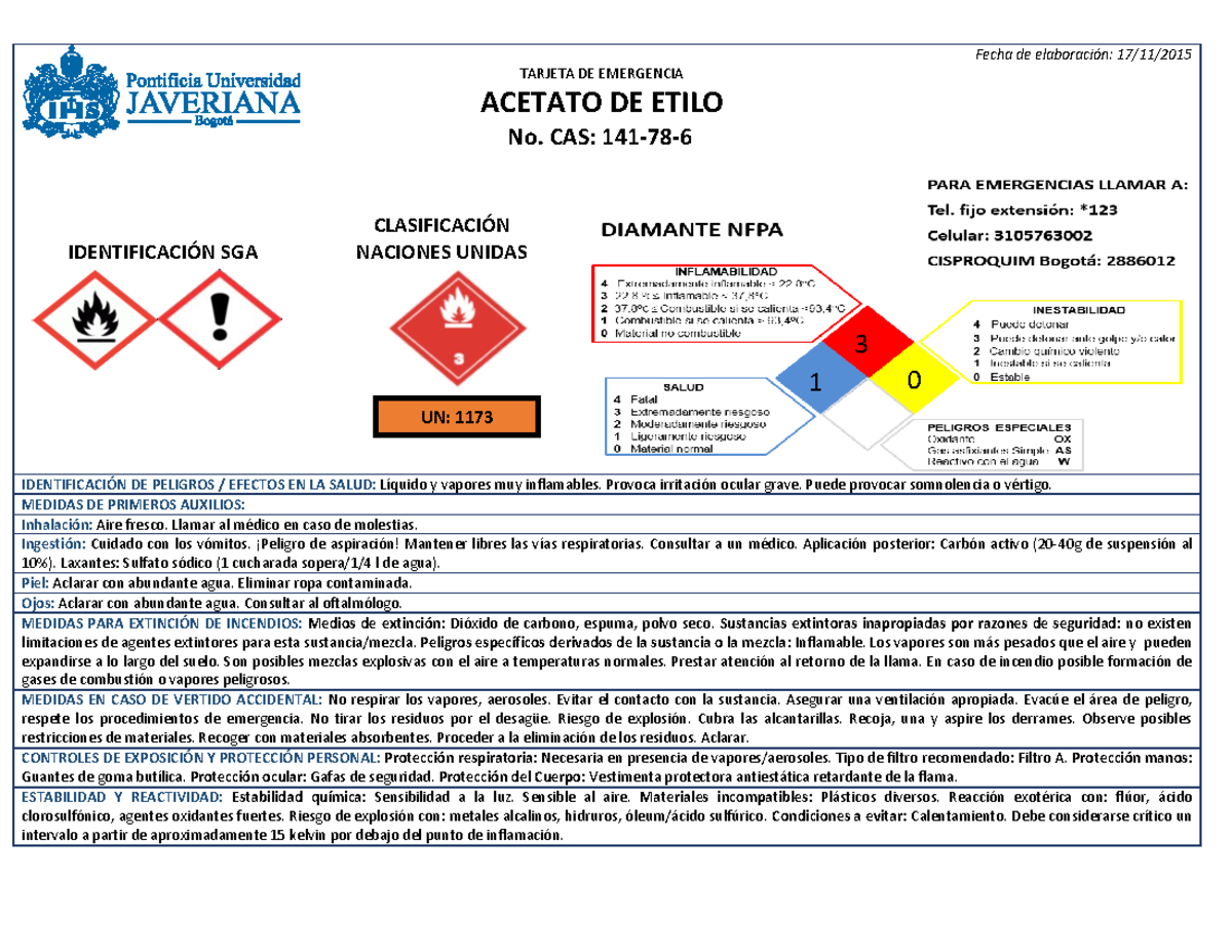 Tarjetas de emergencia - TARJETA DE EMERGENCIA ACETATO DE ETILO No. CAS