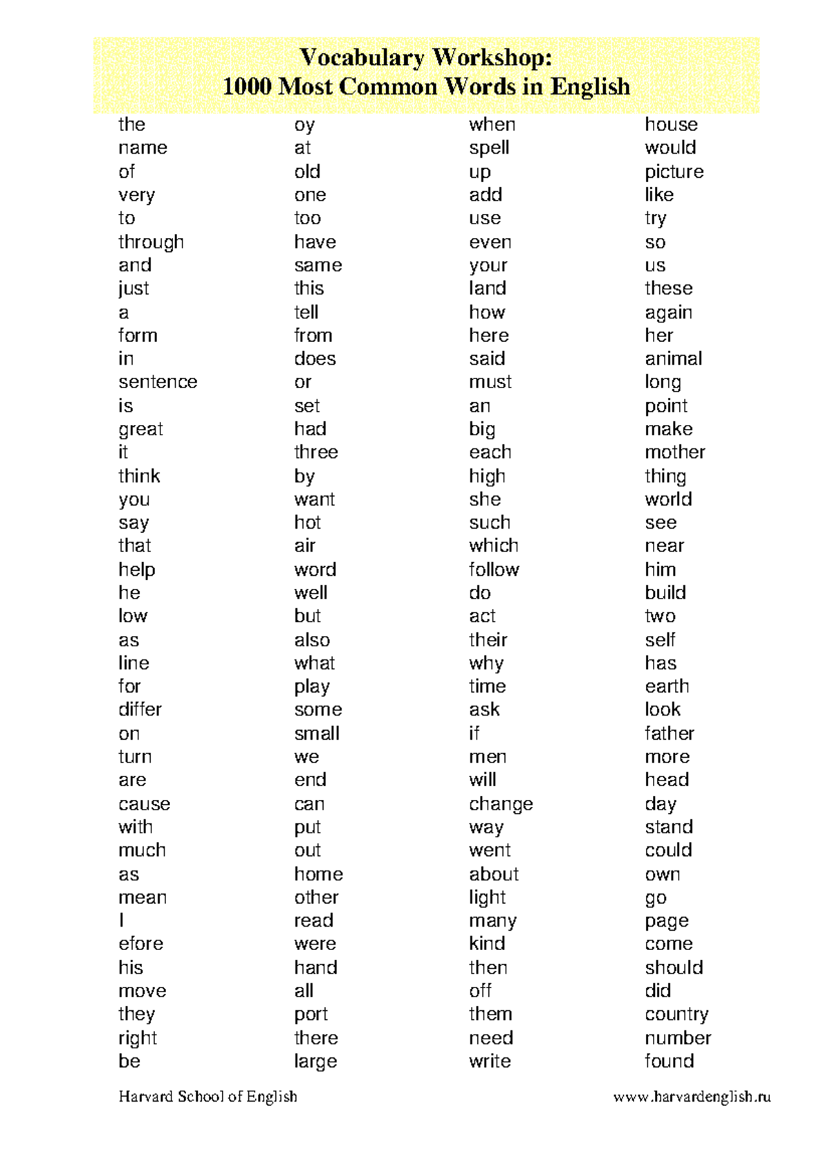 1000 most common words - the name of very to through and just a form in ...