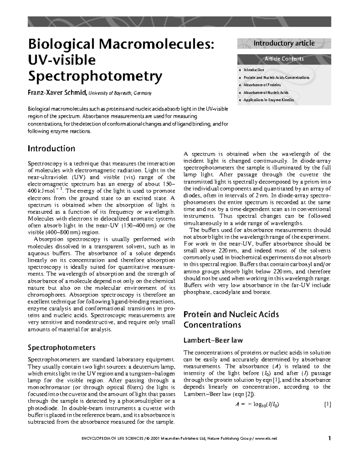 Spectrophotometry Biological Macromolecules UVvisible Spectrophotometry FranzXaver Schmid