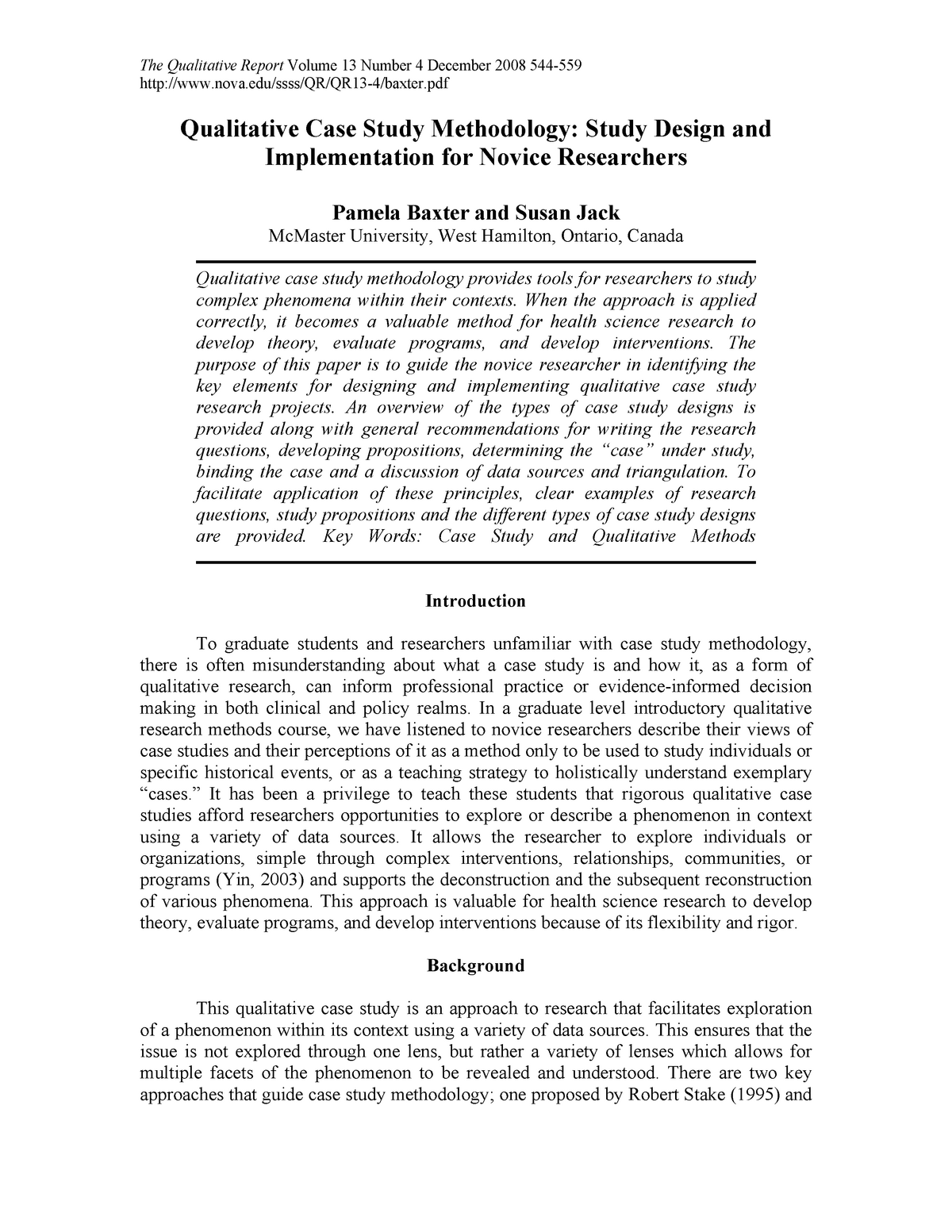 baxter p & jack s (2008) qualitative case study methodology