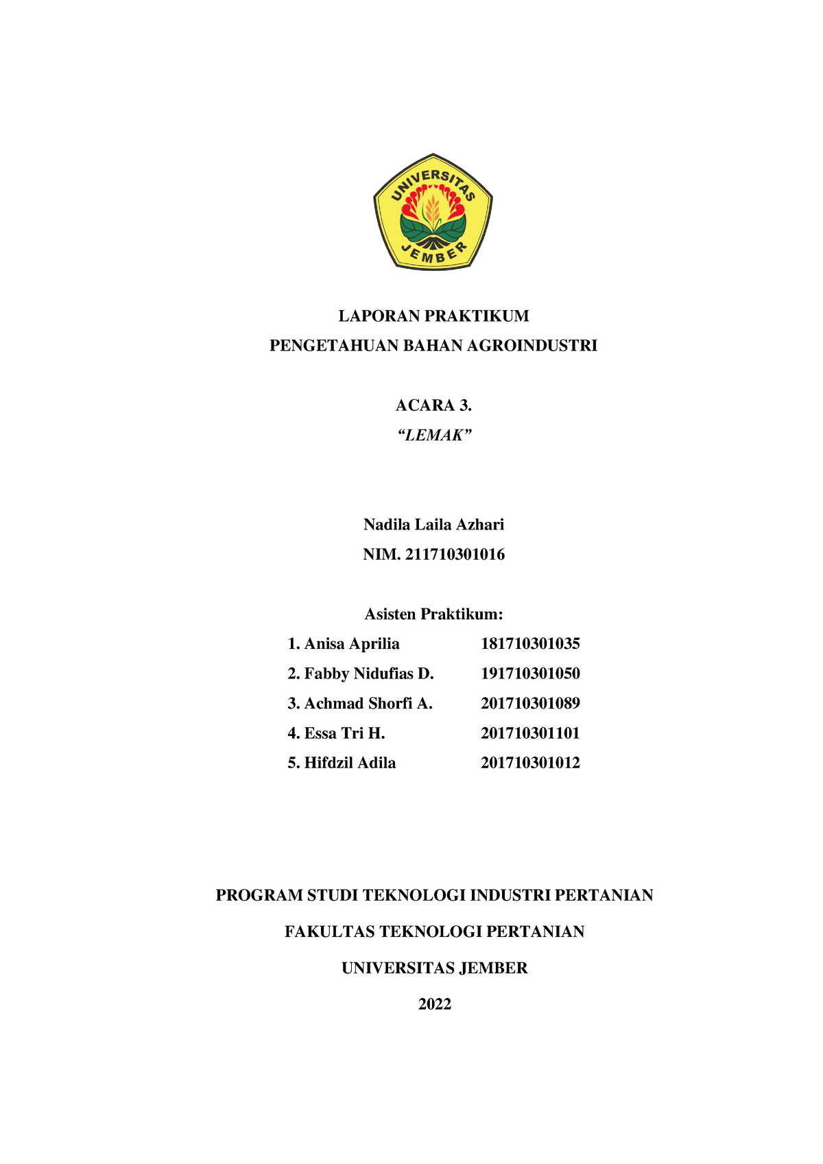 Laporan Praktikum Lemak Mata Kuliah Pengetahuan Bahan Agroindustri ...