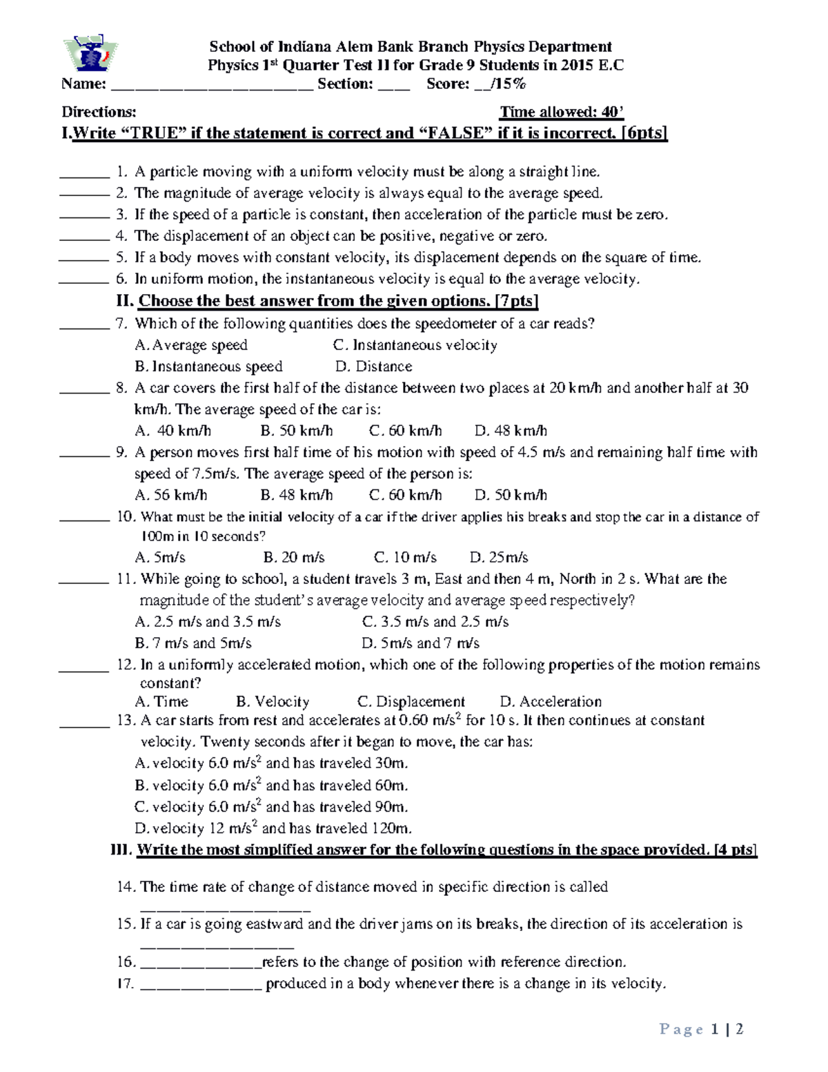 G9 q1 test 2 2015 - Grade 9 practice materials - P a g e 1 | 2 School ...