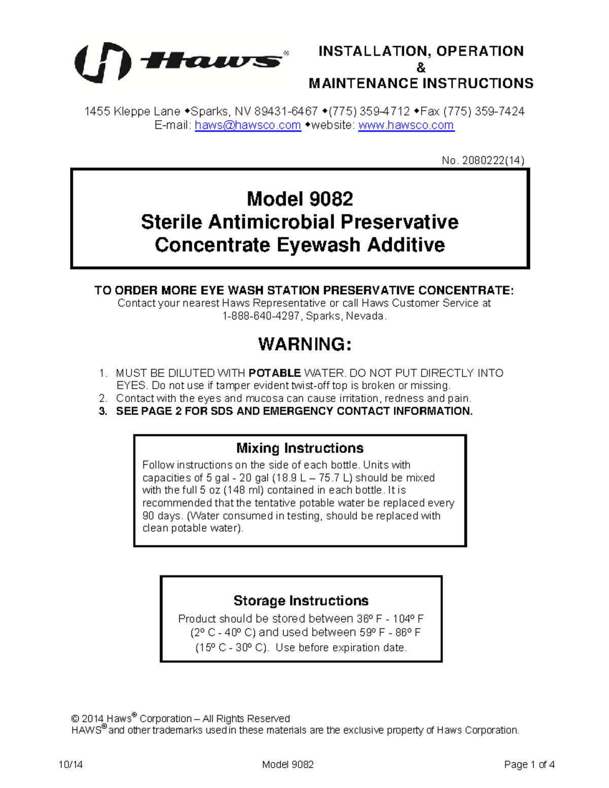 9082 eyewash additive Msds aditivo haws 9082 No. 2080222(1 4 ) 1455 Kleppe Lane Sparks, NV