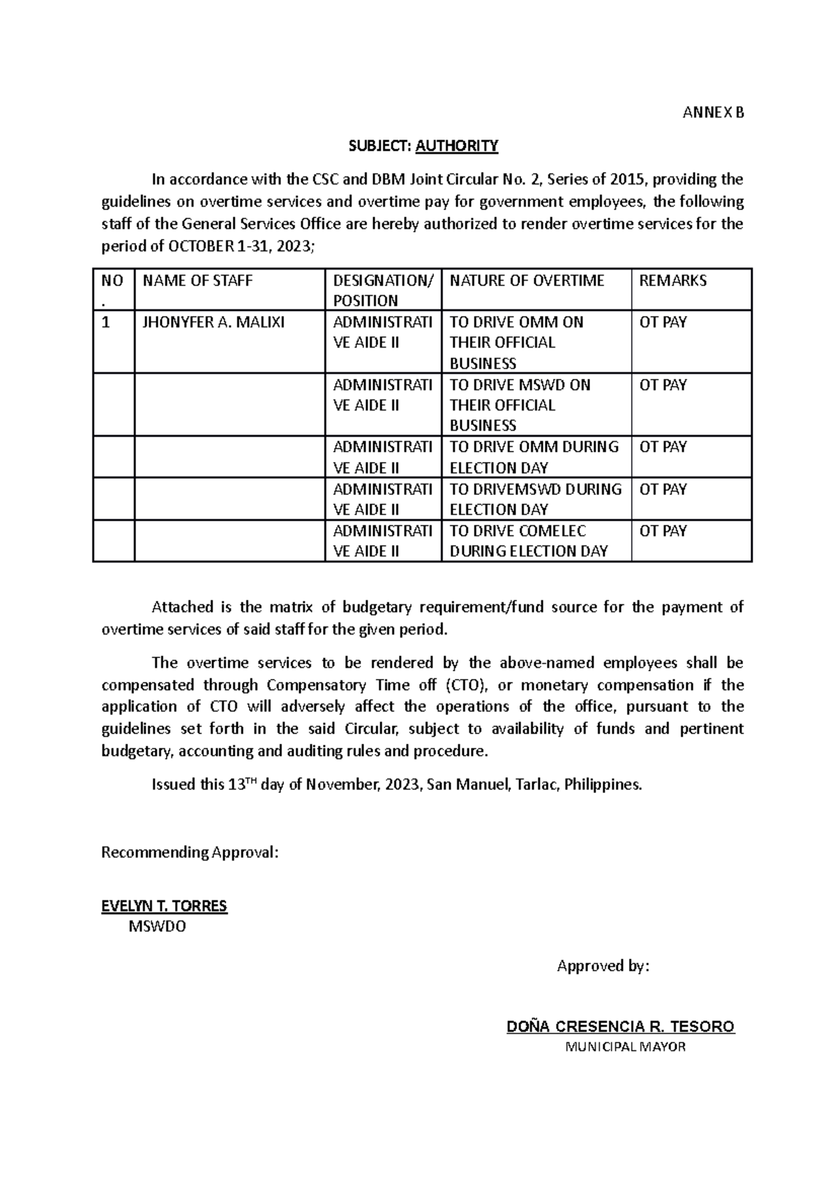 Annex B And C Overtime Malixi Annex B Subject Authority In Accordance