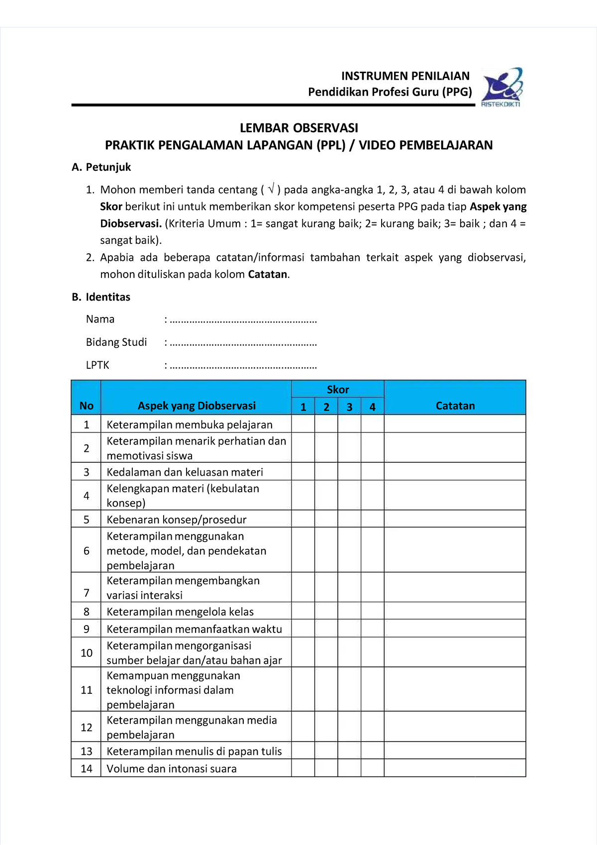 Pdf Rubrik Penilaian Ppl Atau Video Mengajar Compress Instrumen