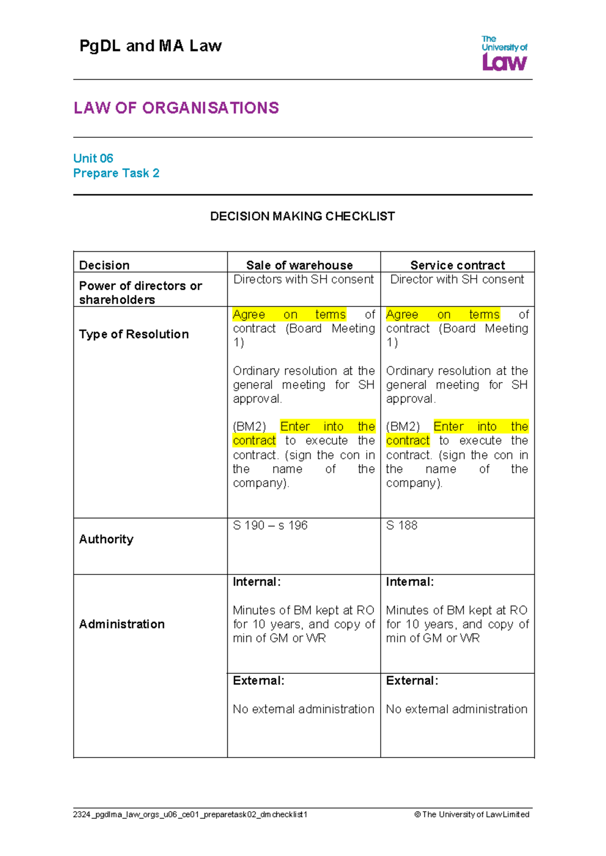 Directors and Shareholders decision making checklist (shareholders 2 ...