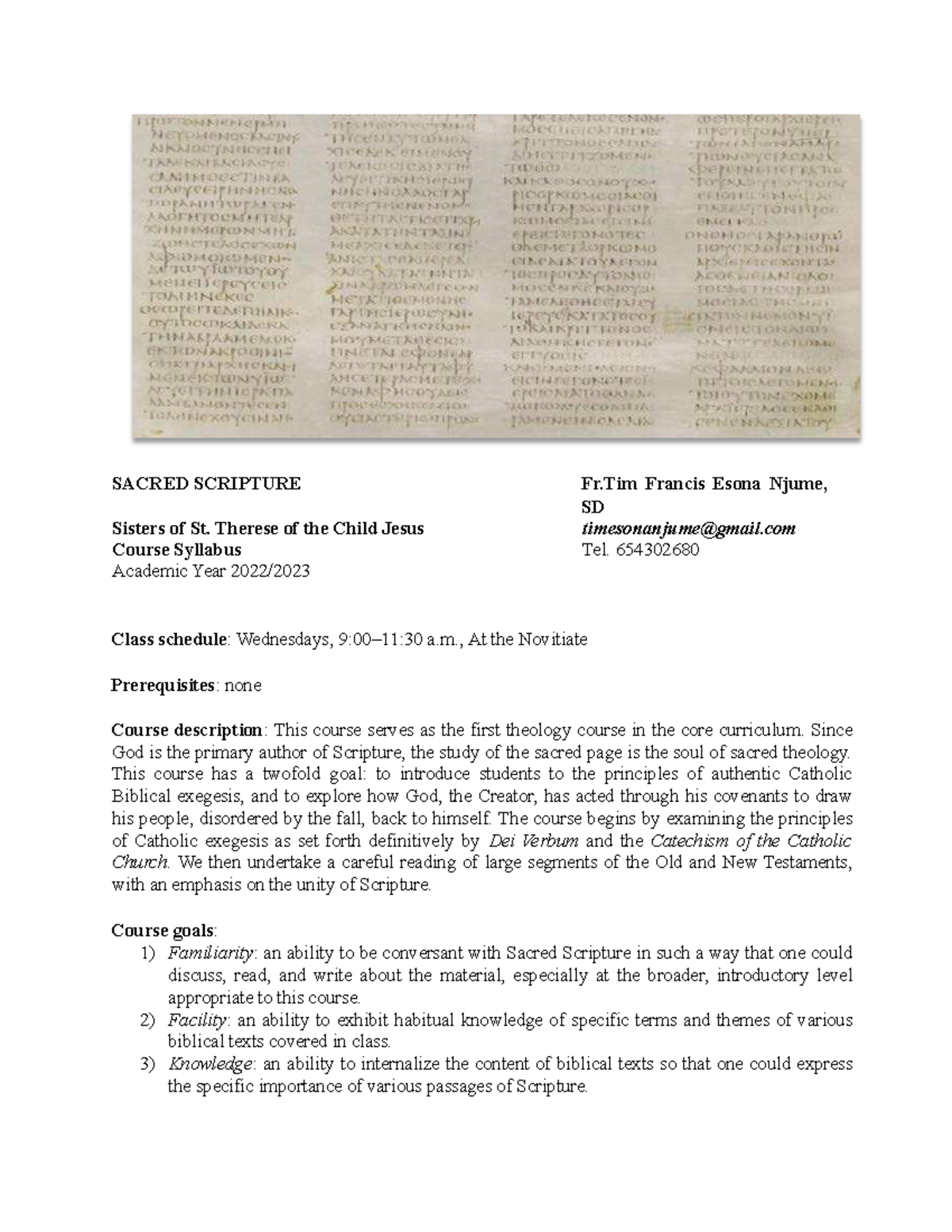 Sacred Scripture THEO 105 Course Syllabu - SACRED SCRIPTURE Fr Francis ...