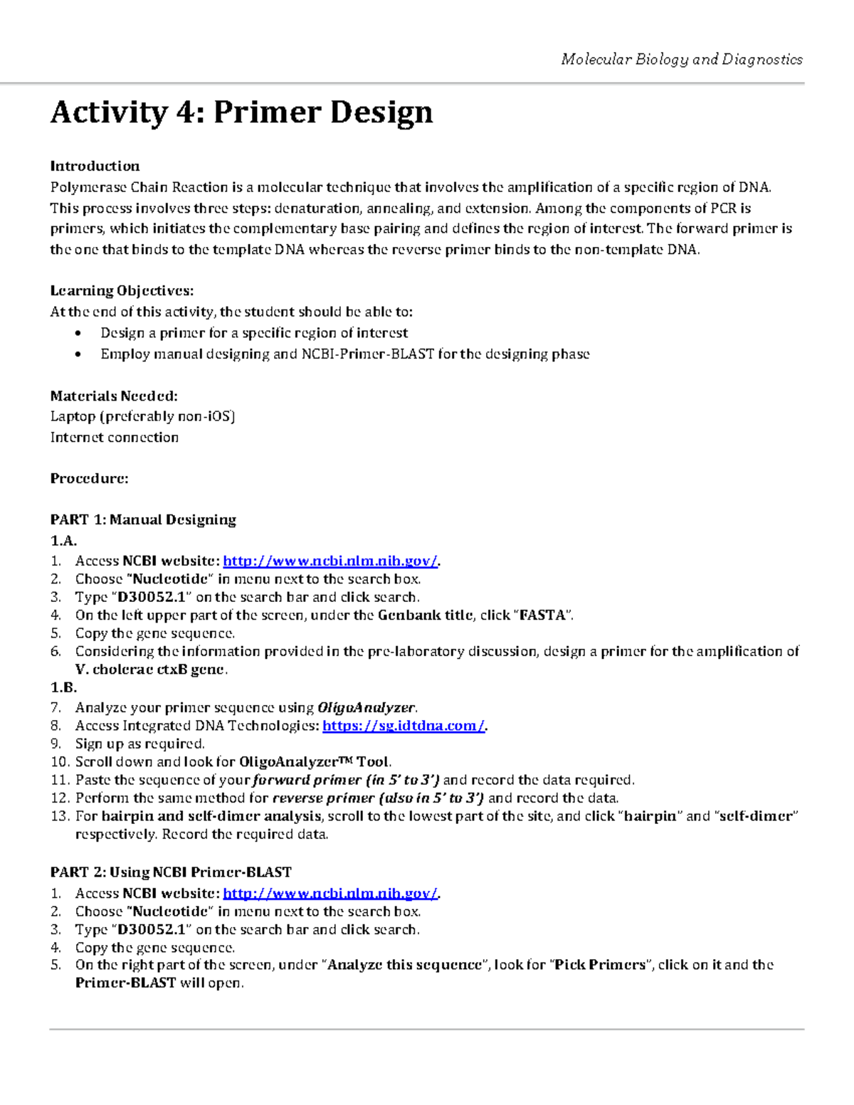 Activity+4 Primer+ Design - Molecular Biology and Diagnostics Activity ...