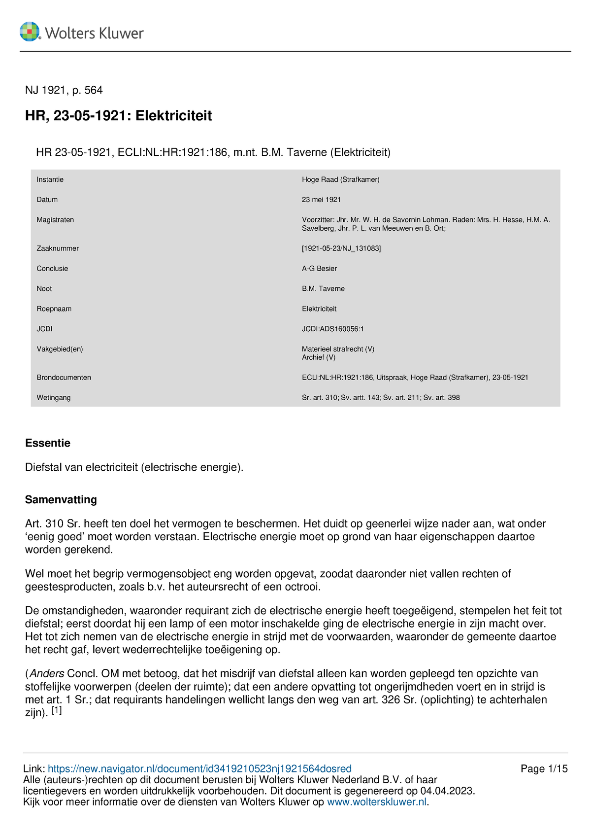 HR, 23-05-1921 Elektriciteit - NJ 1921, P. 564 HR, 23-05-1921 ...