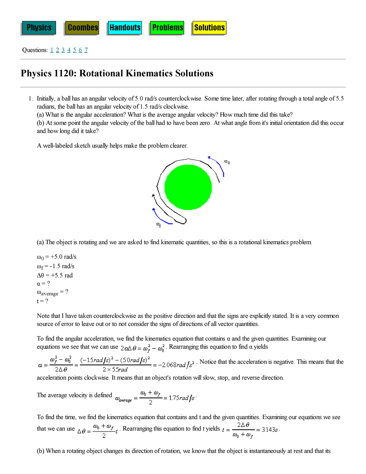 PHYS 1120 Rotational Kinematics Solutions - Questions: 1234567 - Studocu