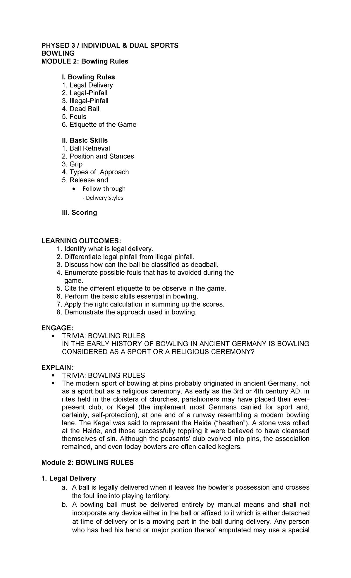 Physed 3 Module 2 Notes PHYSED 3 / INDIVIDUAL & DUAL SPORTS BOWLING