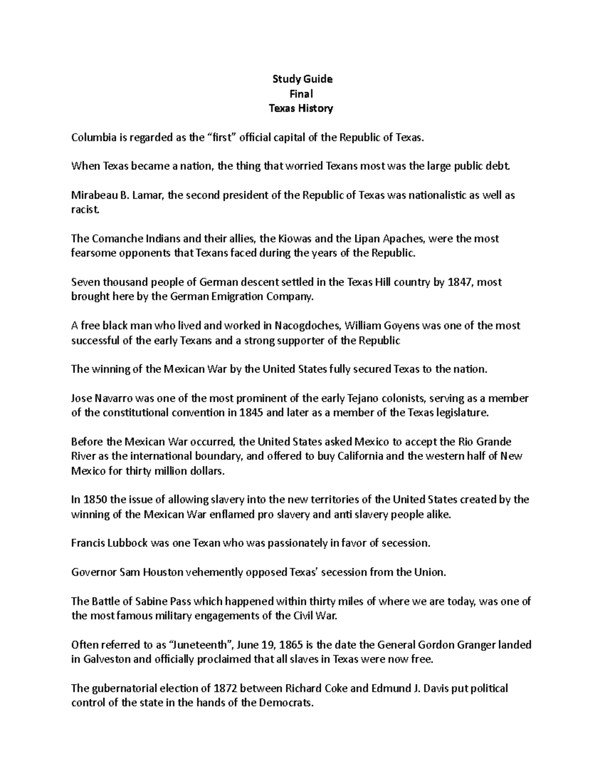 Final Tx History Study guide Study Guide Final Texas History Columbia is regarded as the