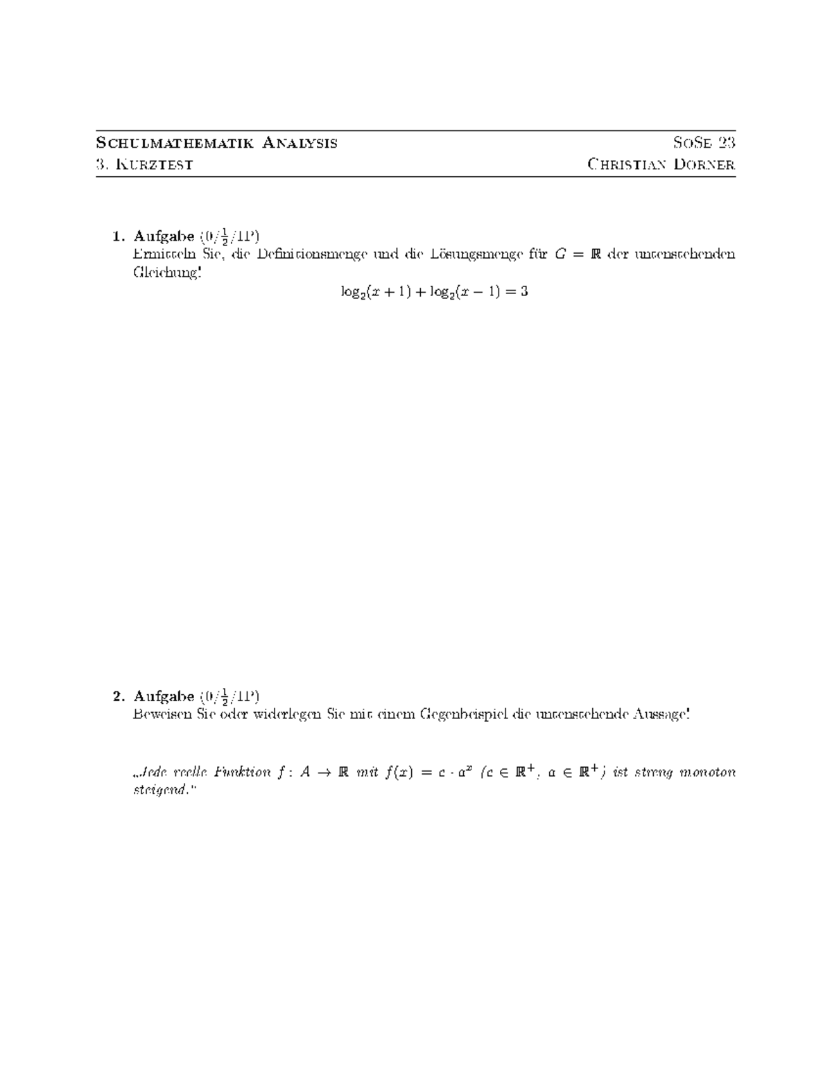 Kurztests Exp/Log/Trigonometrie 3 - Schulmathematik Analysis SoSe 23 3 ...