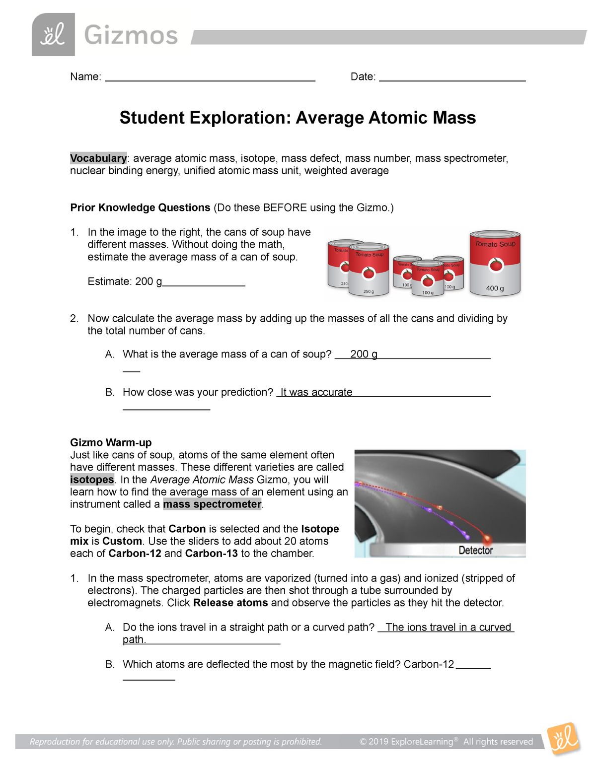 Average Atomic Mass SE - no desc - Name: Date: Student Exploration With Average Atomic Mass Worksheet Answers