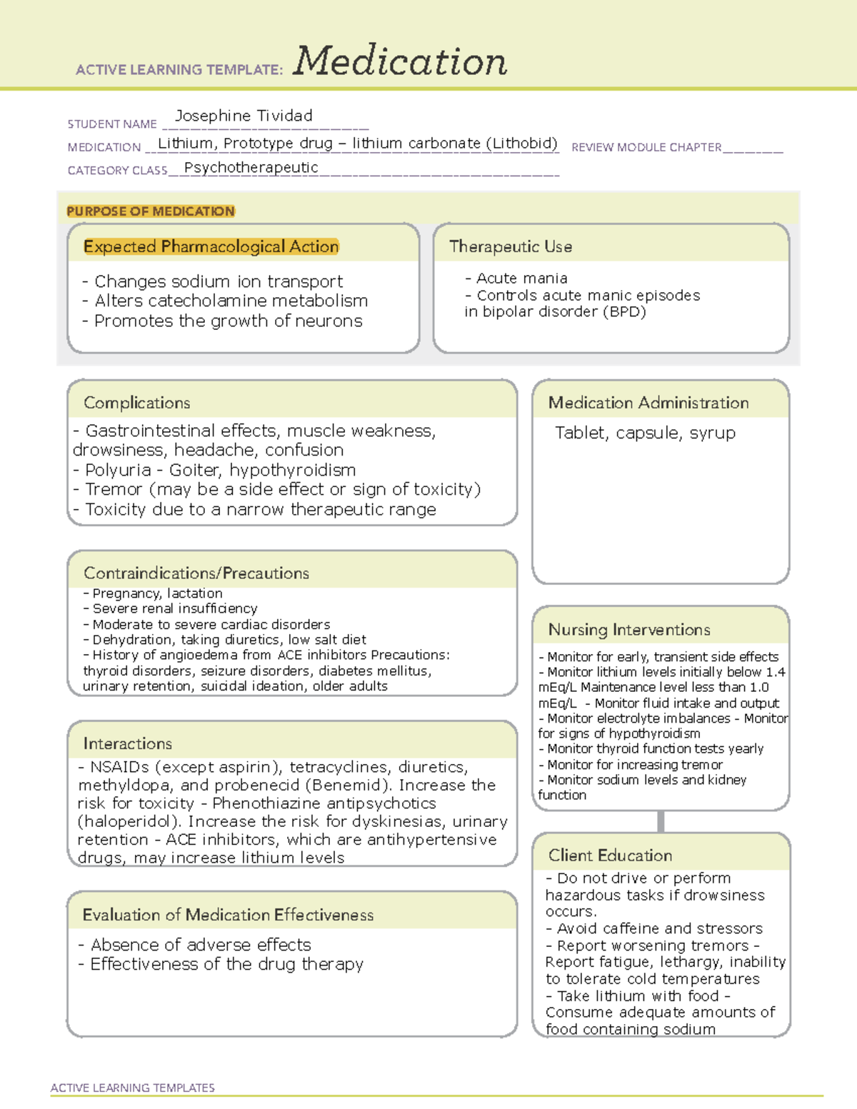 Lithium (Eskalith) Medication ACTIVE LEARNING TEMPLATES Medication