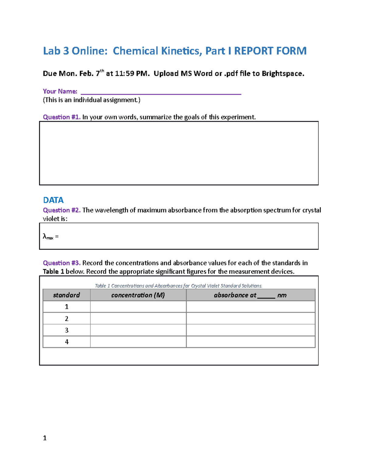 Lab 3 Online: Chemical Kinetics Part I REPORT FORM - Studocu