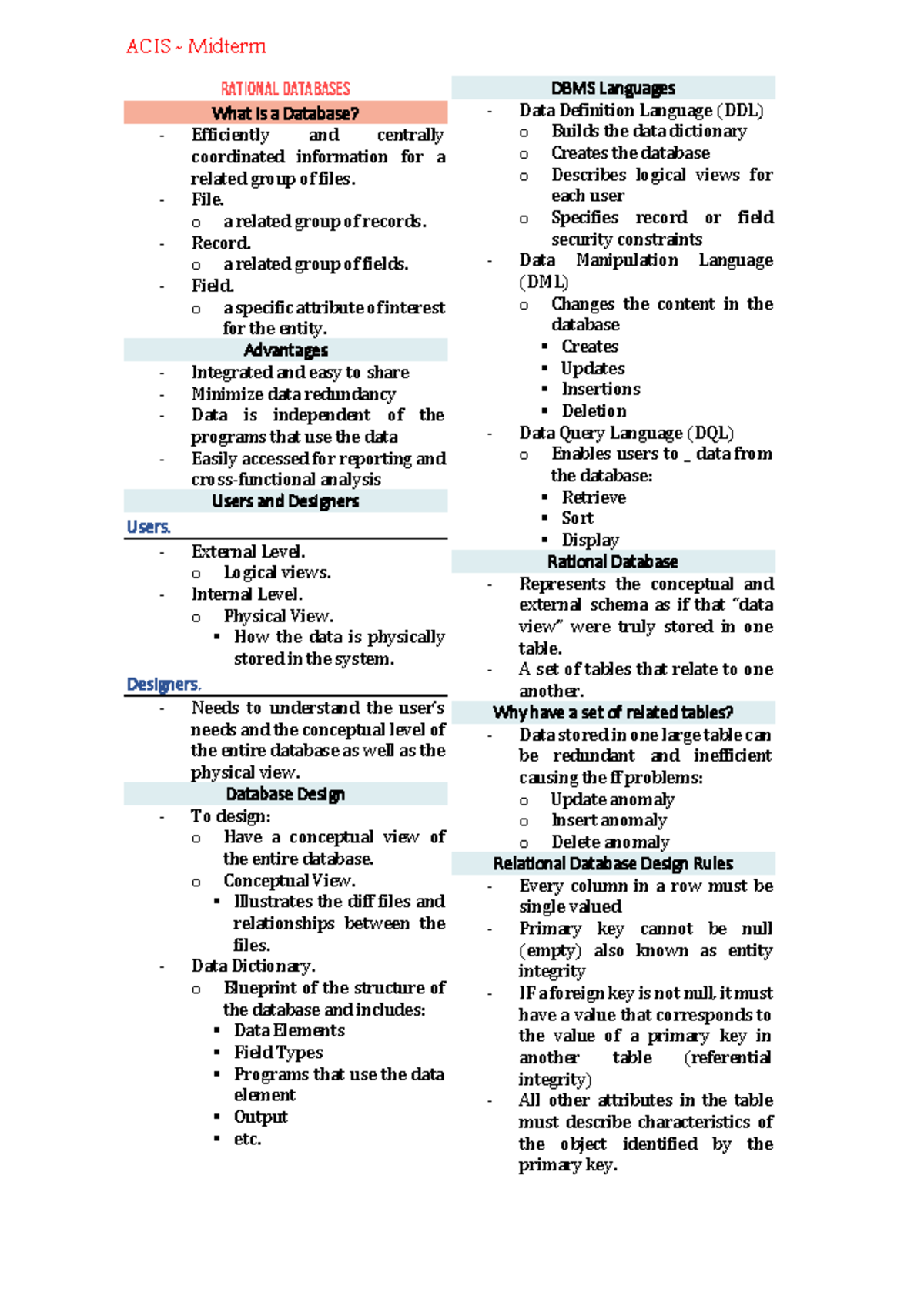 ACIS - Midterm - ACIS - Midterm Rational Databases What is a Database ...