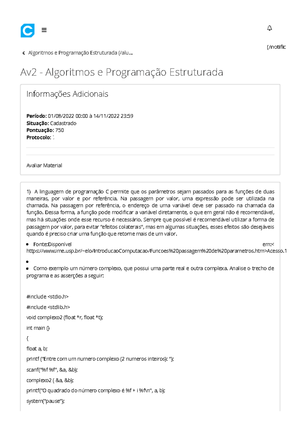 Av2 - Algoritmos E Programação Estruturada