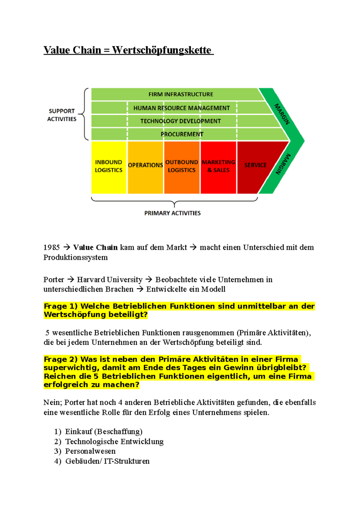 Value Chain - Vorlesungsnotizen 4 - Value Chain = Wertschöpfungskette ...