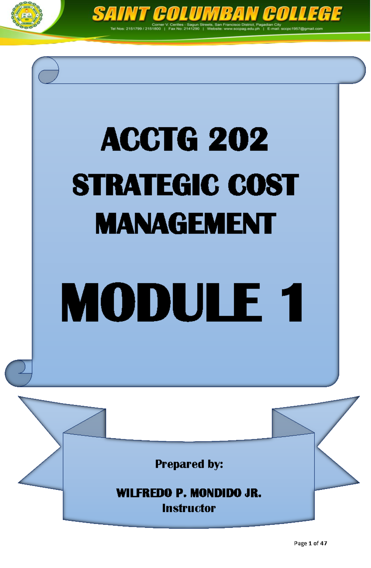 Module 1 - Strategic Cost Management - ACCTG 202 STRATEGIC COST ...