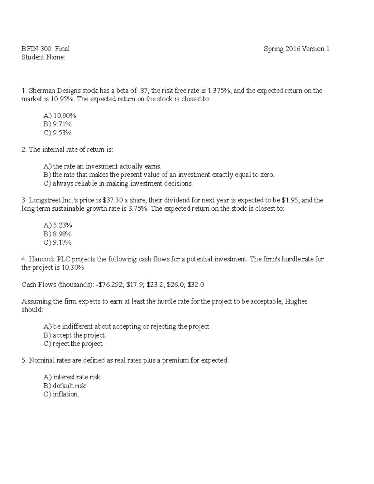 BFIN 300 SP16 Final V1 - Practice Problems - BFIN 300 Final Student ...