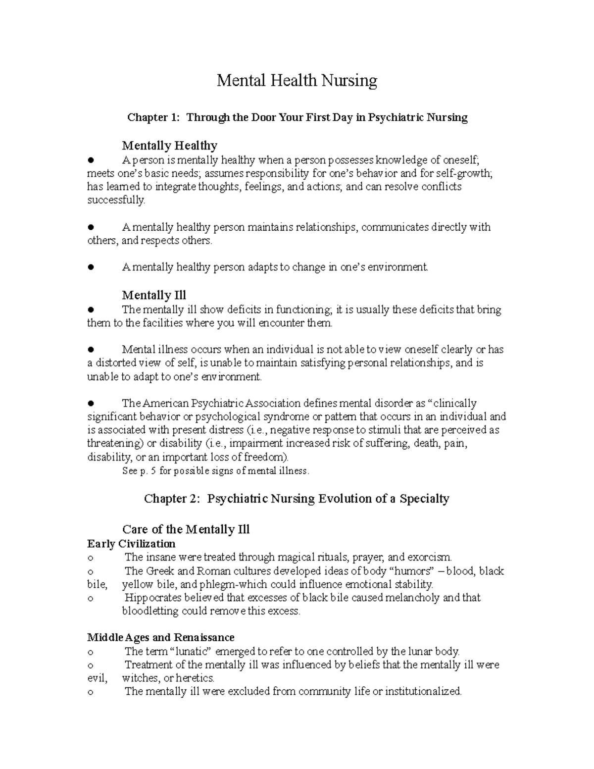 Mental Health Nursing - course notes - Mental Health Nursing Chapter 1 ...