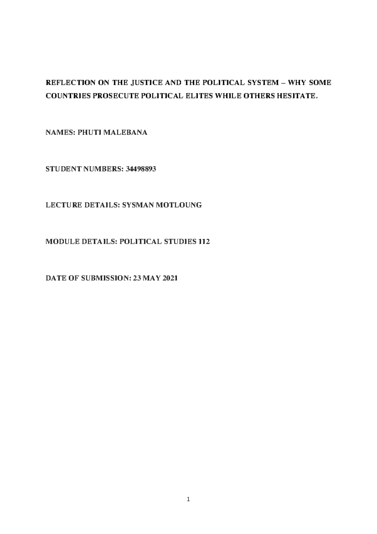 Reflection ON THE Justice AND THE Political System - 1 REFLECTION ON ...
