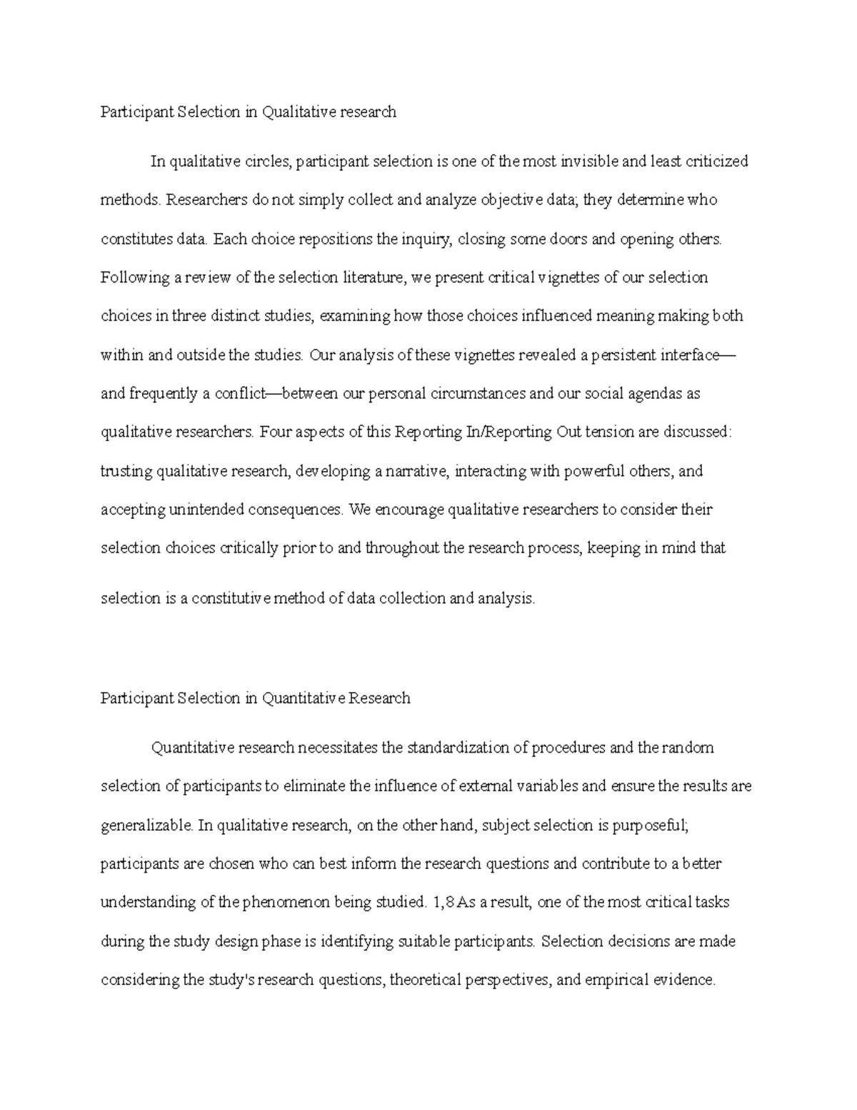 Participant Selection in Qualitative Quantitative Research ...