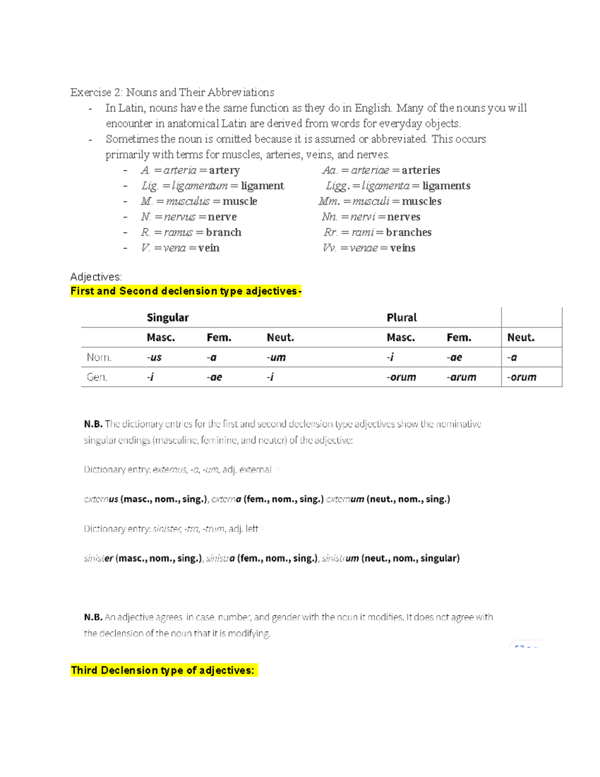 Med Term EXAM2 Review Lecture notes 2 Exercise 2 Nouns and