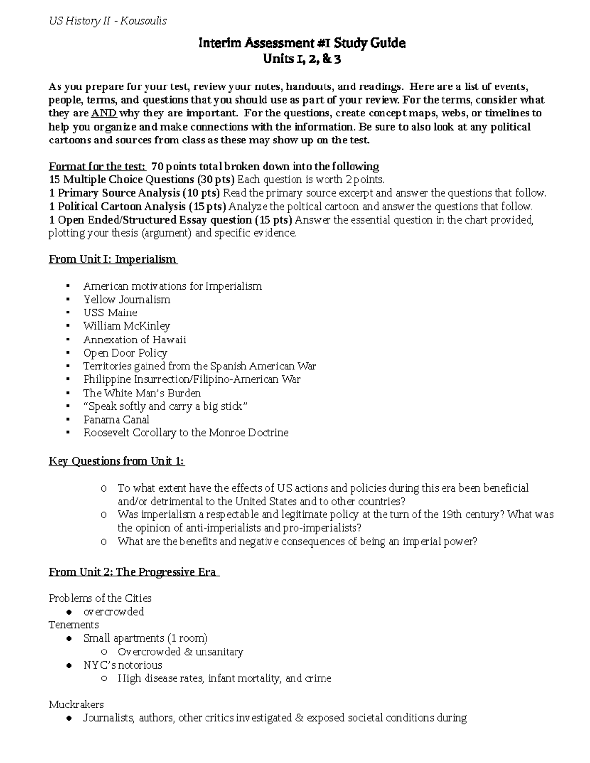 US II Interim 1 SG 2018 - uni 1 - Interim Assessment # 1 Study Guide ...