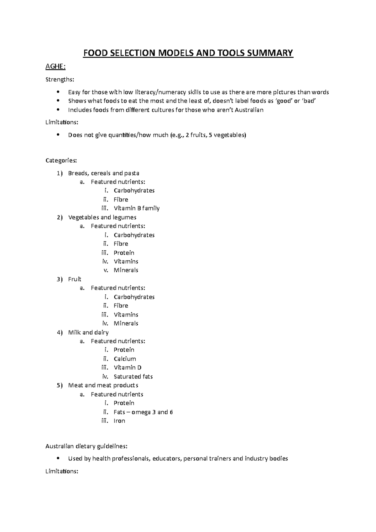 food-selection-models-and-tools-summary-food-selection-models-and