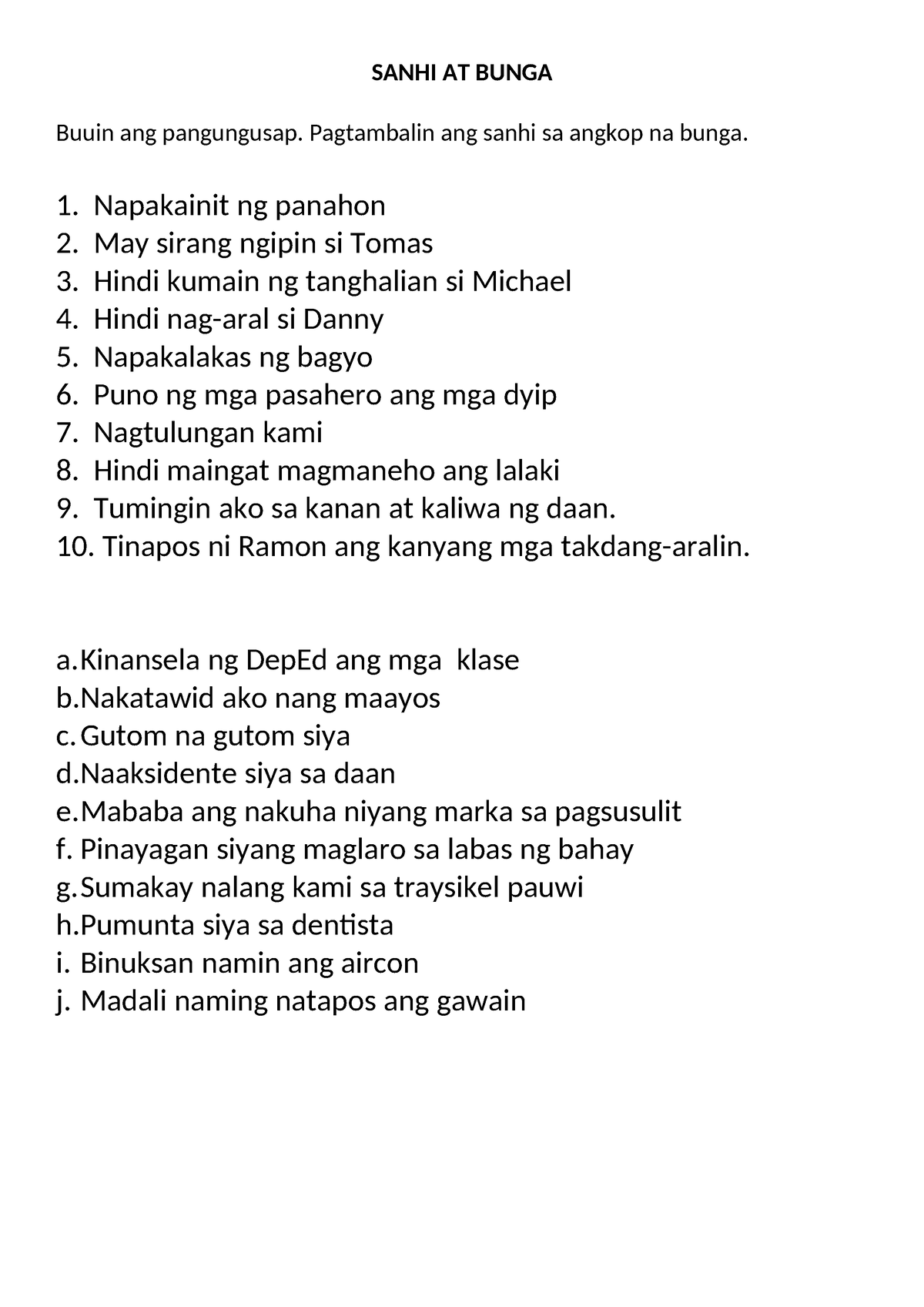 Sanhi At Bunga Worksheet Sanhi At Bunga Buuin Ang Pangungusap Pagtambalin Ang Sanhi Sa Angkop 2455