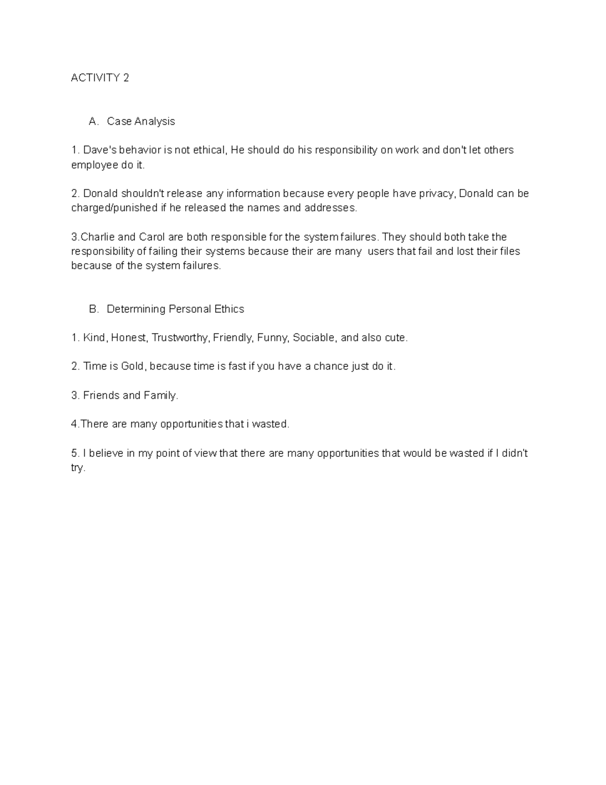 Castillo Cyrus Alexis S - ACTIVITY 2 A. Case Analysis Dave's behavior ...