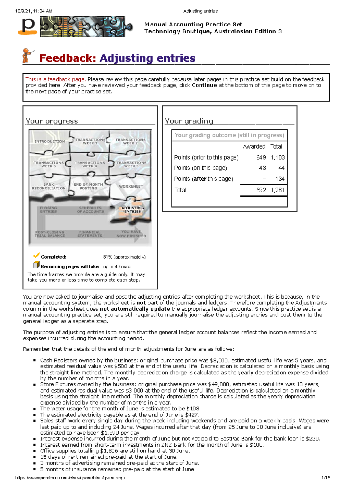 Adjusting entries for perdisco assessment - Your progress Completed: 81 ...