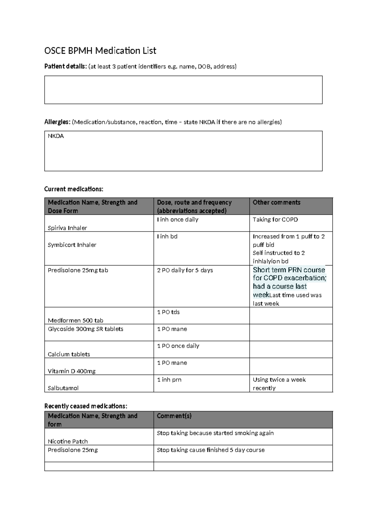 BPMH medication - name, DOB, address) Allergies: (Medication/substance ...