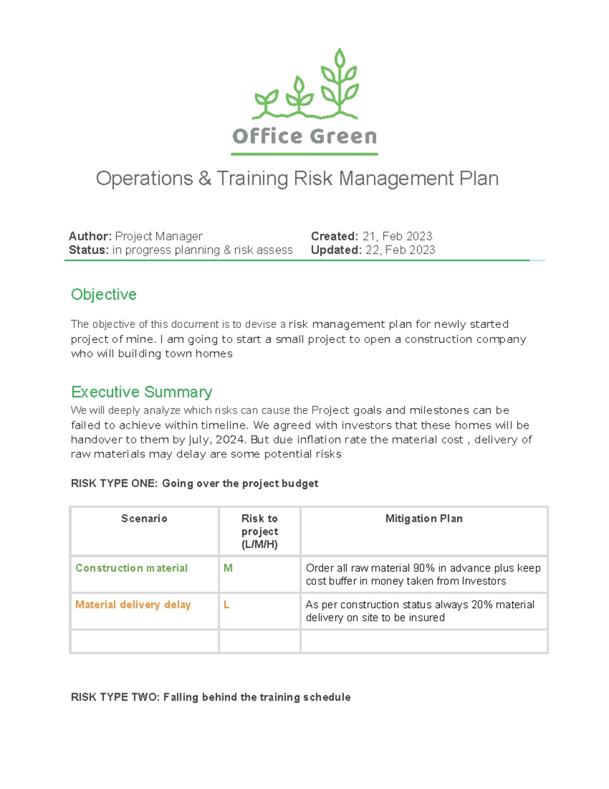 Activity Risk Management Plan Operations Training Risk Management
