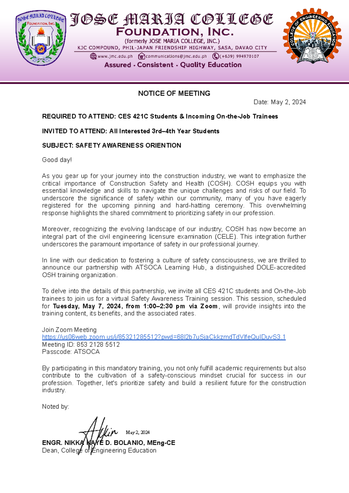 COSH-Orientation - Orientation - NOTICE OF MEETING Date: May 2, 2024 ...