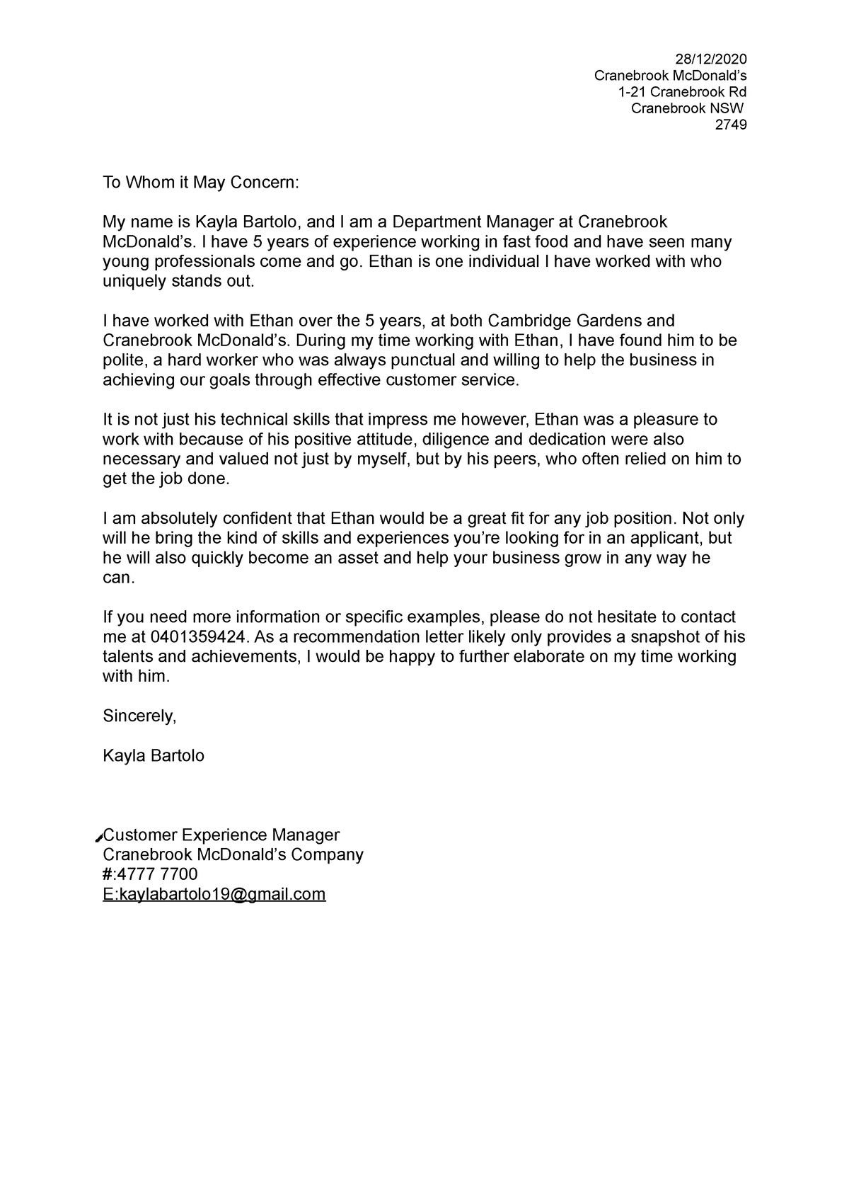 Reference letter (Brooke) - 28/12/ Cranebrook McDonald’s 1-21 ...