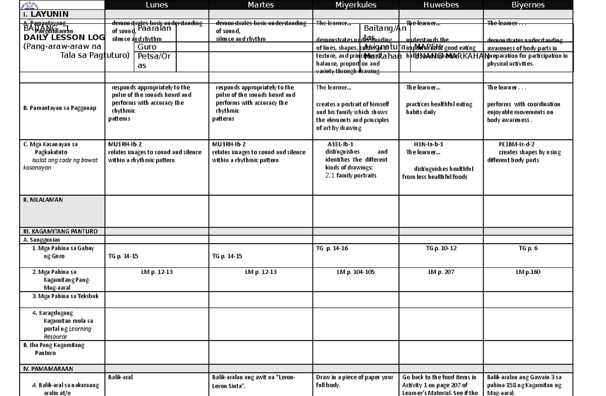 Mapeh 1-DLL Melcs-1ST Rating-WEEK 4 - BAITANG 1 DAILY LESSON LOG (Pang ...