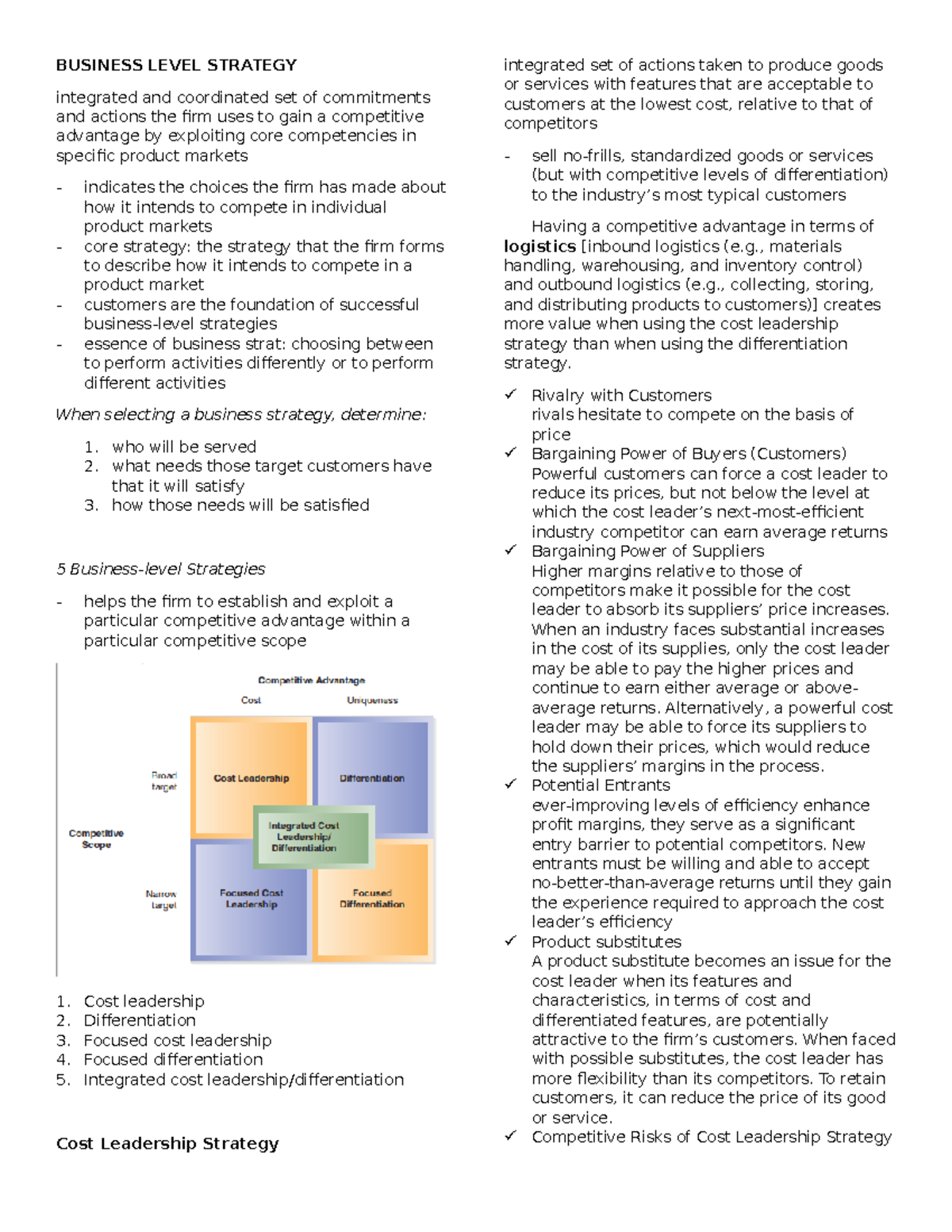 Business Level Strategy notes - Management - University of the ...