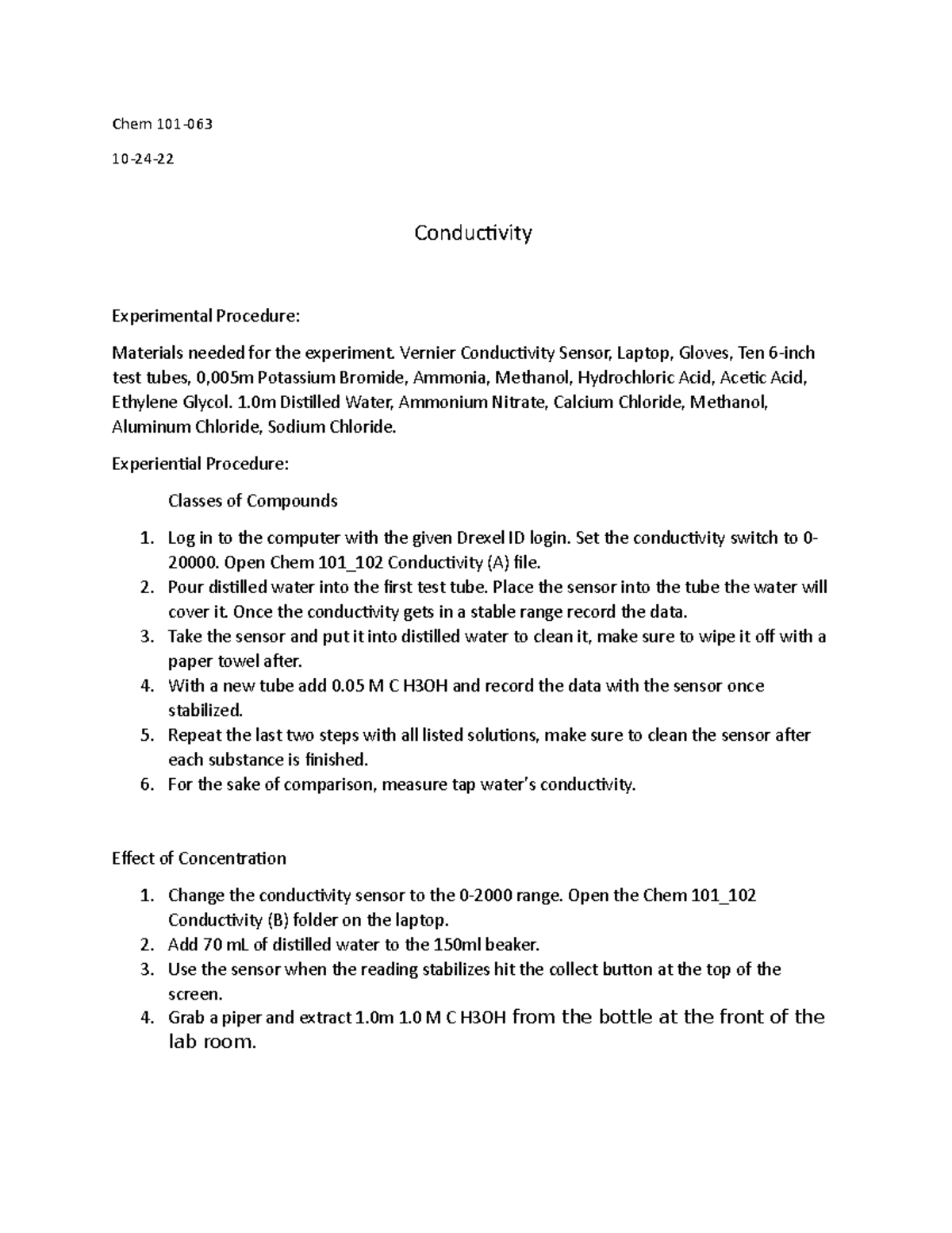 Chem 101 Conductivity Lab Chem 101 1024 Conductivity Experimental
