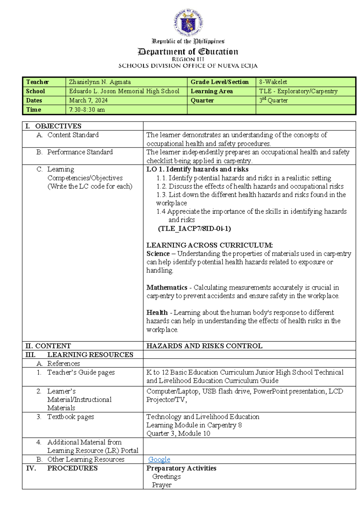 Quarter 3 - Carpentry - Identifying Hazards AND Risks - Teacher ...
