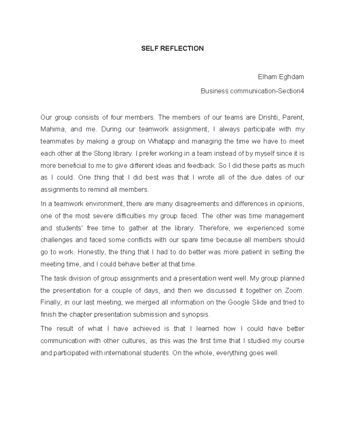 Elham Eghdam Self Reflection Business Communication Section 4 Self