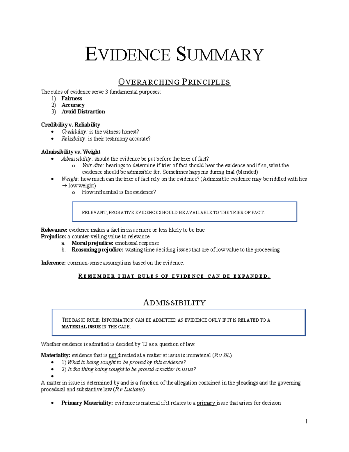 Law of Evidence - Law Clerk Program - EVIDENCE SUMMARY O VERARCHING P ...